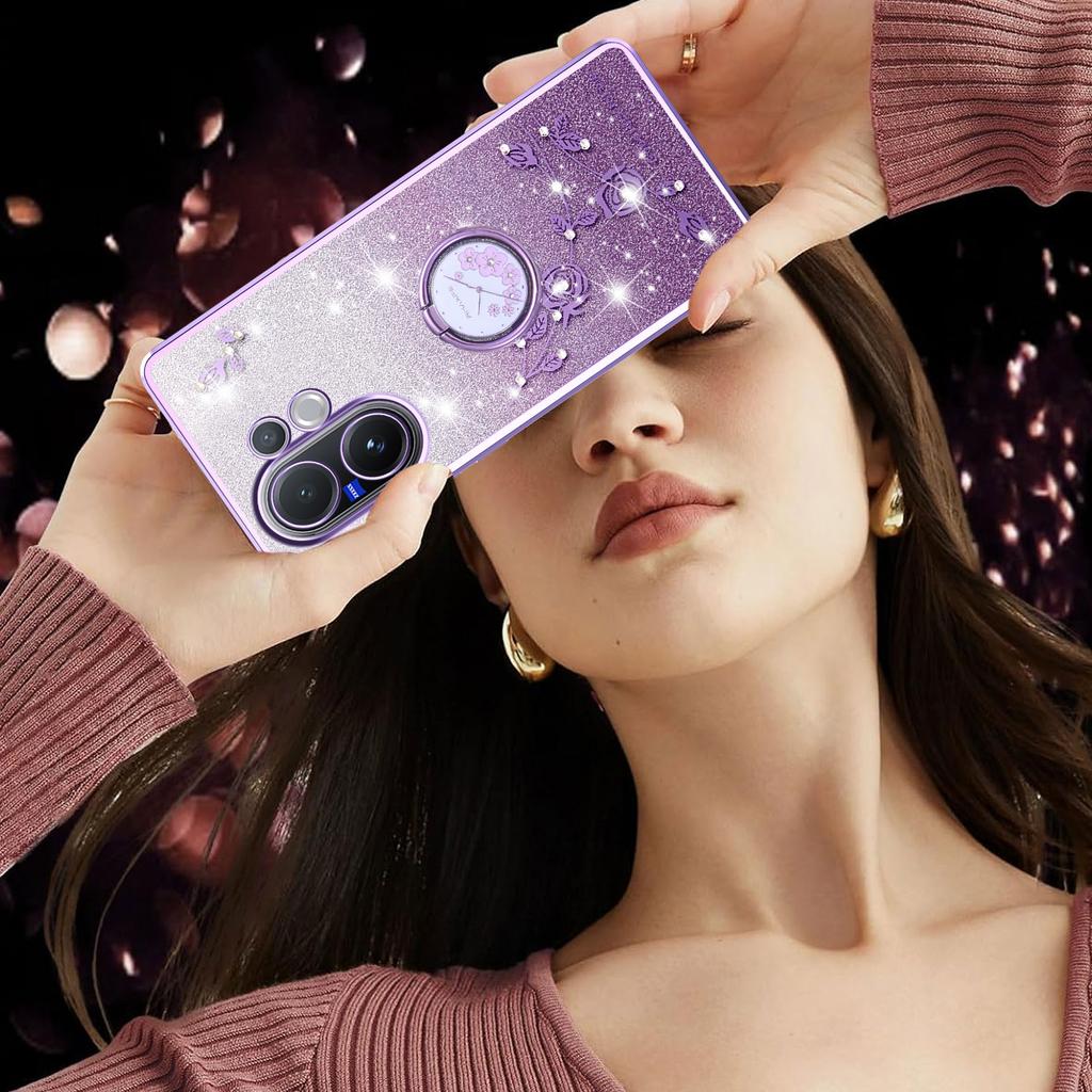 For vivo V60 5G Case Ring Kickstand TPU Flowers Phone Cover Gradient Glitter