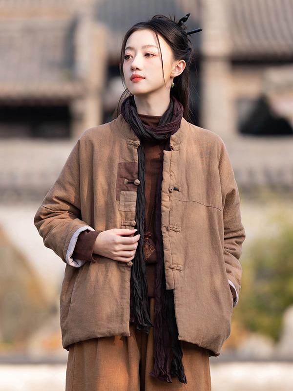 Women's Retro Patchwork Quilted Cotton Jacket with Cross-Lapel and Frog Button