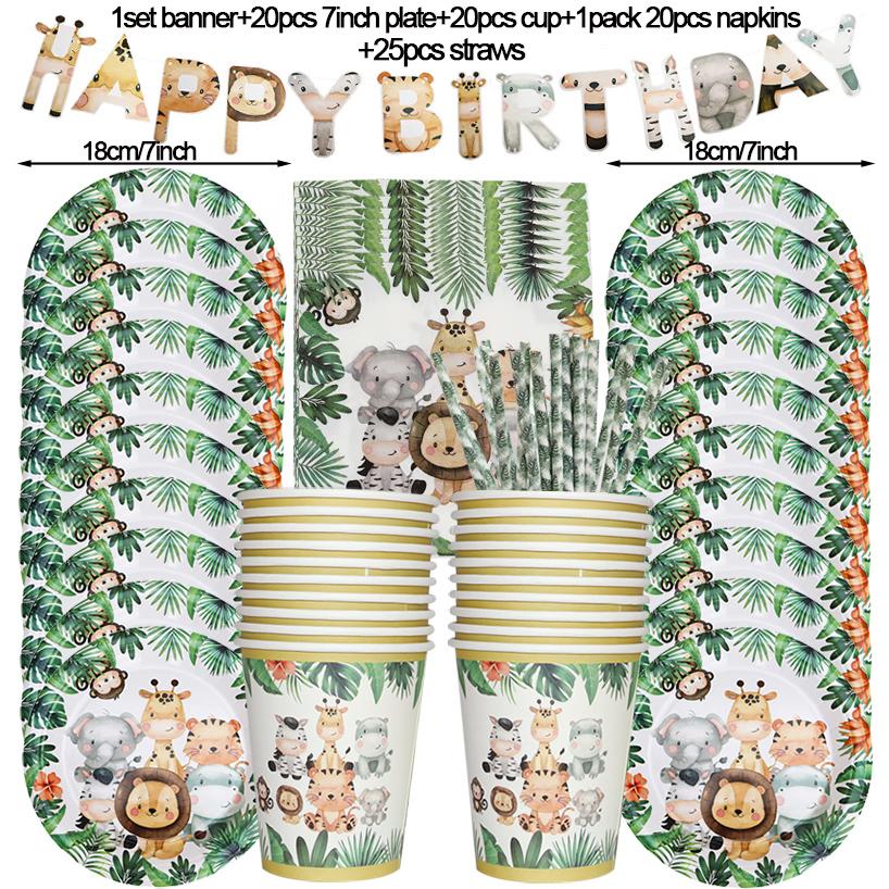 Jungle Birthday Party Decorations Animal Disposable Tableware Set Forest Woodland Safari Birthday Animals Theme Party Supplies