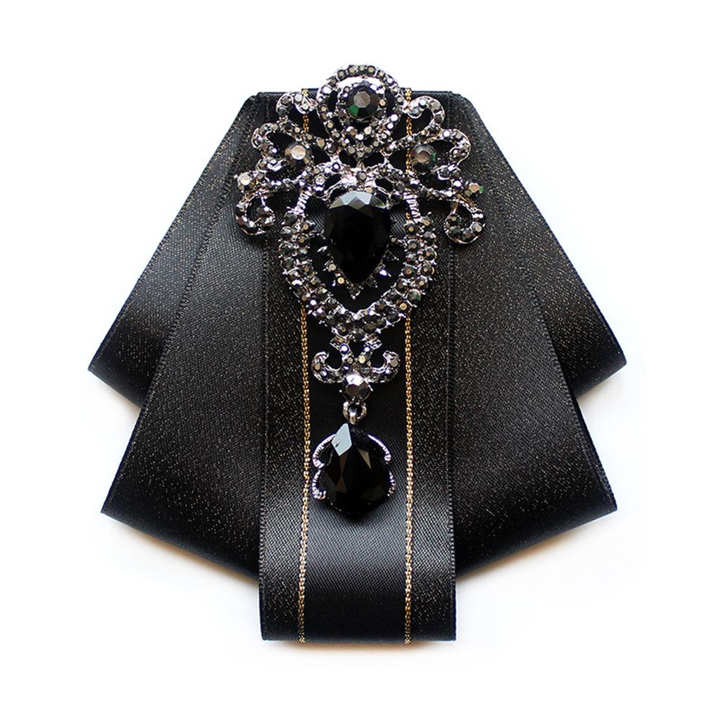 Silk Ribbon Bowtie Brooch Pin Mens Women Wedding Party Vintage Pretied Necktie Clip Crystal Bowknot Shirt Collar Tie