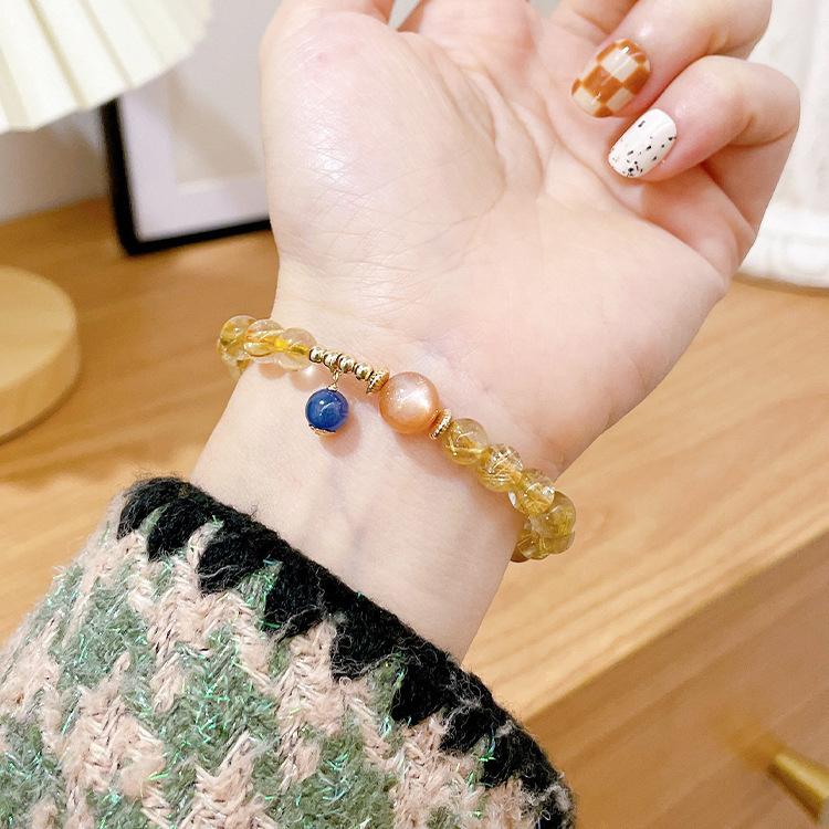 

Golden Rutilated Quartz8mm Sunstone and blue crystal stone triple ring14Gold-plated bracelet for women, fashionable, delicate, exquisite, and Single Circle8mm