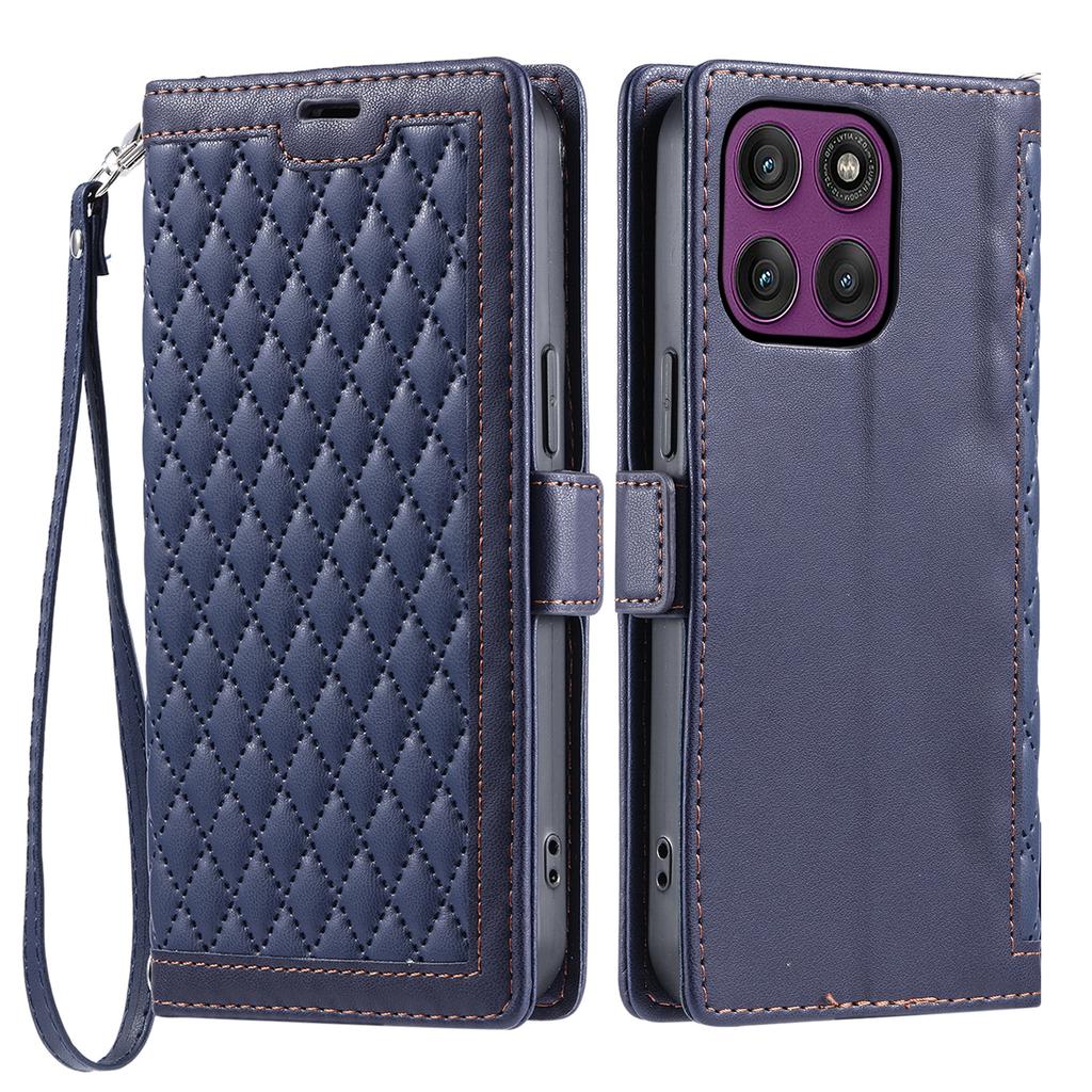 For Motorola Moto G56 5G Leather Case Rhombus Texture Wallet Stand Phone Cover with Wrist Strap