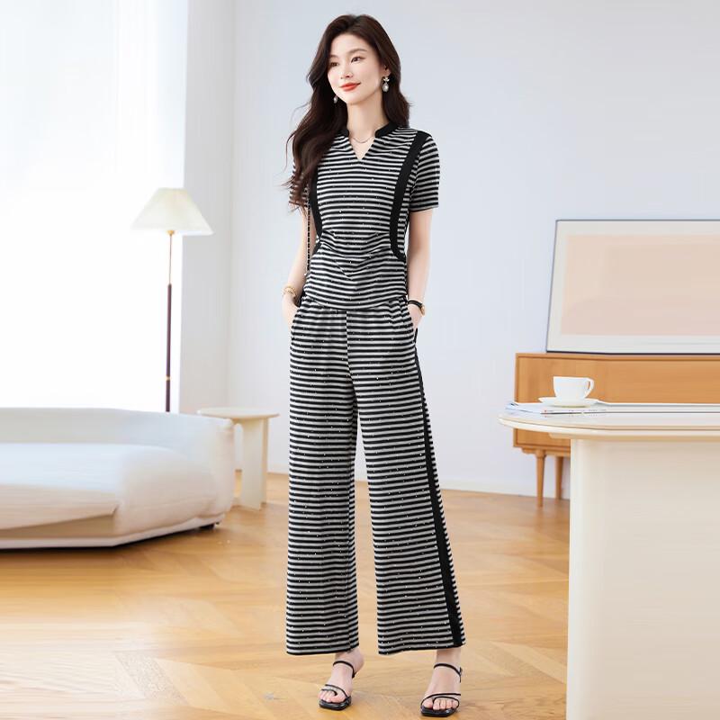 Women's Fashion Striped Wide-Leg Pants Set