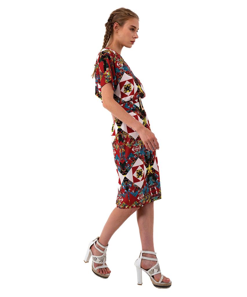 Greedius Red Geometric Short Sleeve Dress