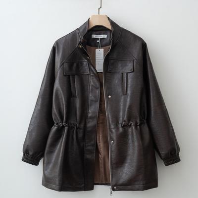 Women Fashion 2026 Fall / Autumn Pu Leather Jacket with Elastic Adjustable Waist Female Coat and Outerwear