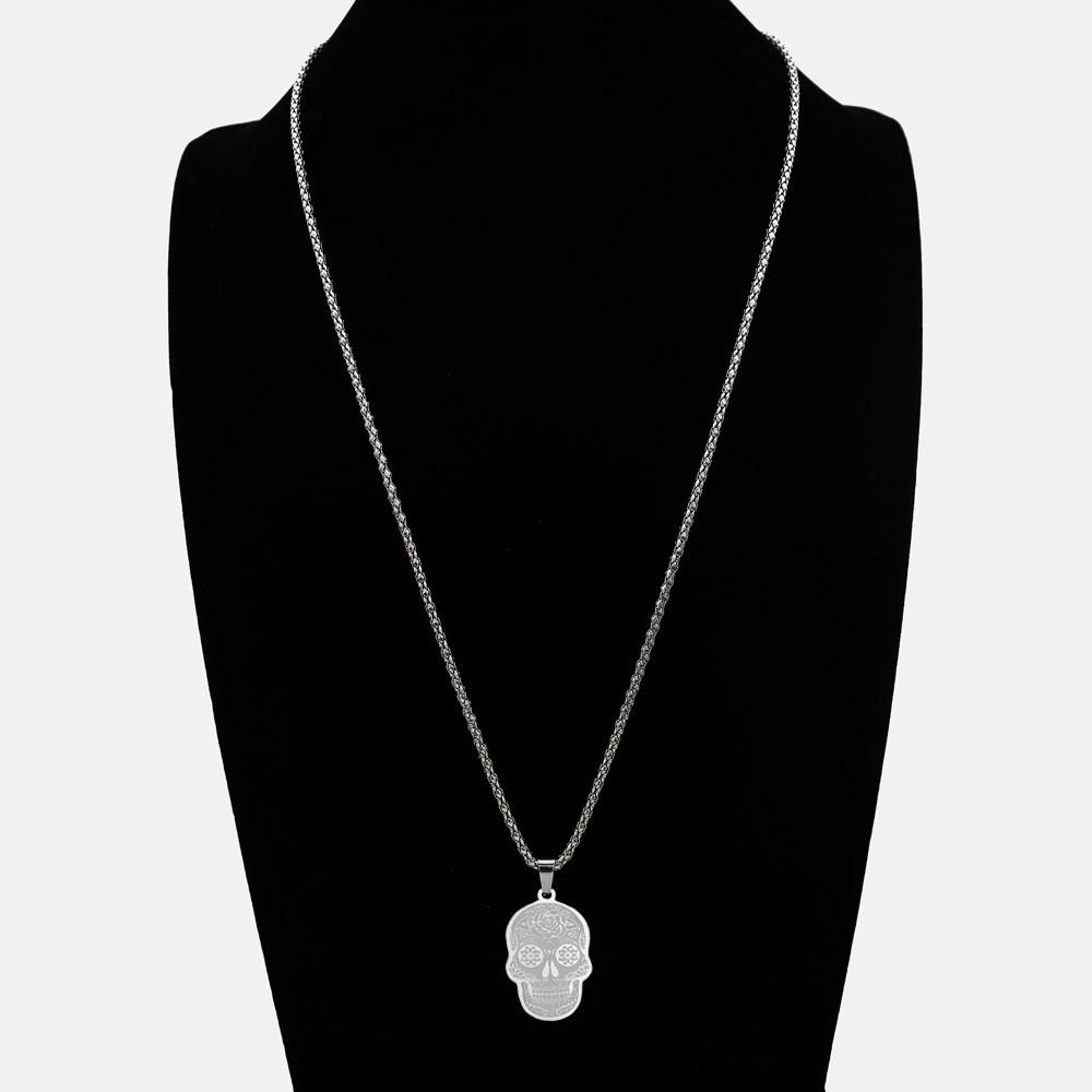 Fashion Pop Stainless Steel Flower Skull Pendant Necklace Skull Pendant Necklace Holiday Gift Accessories