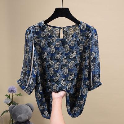 Round Neck Chiffon Floral Fashion Print Blouse Women New Summer Collection Lightweight Stylish Short-sleeved Shirt