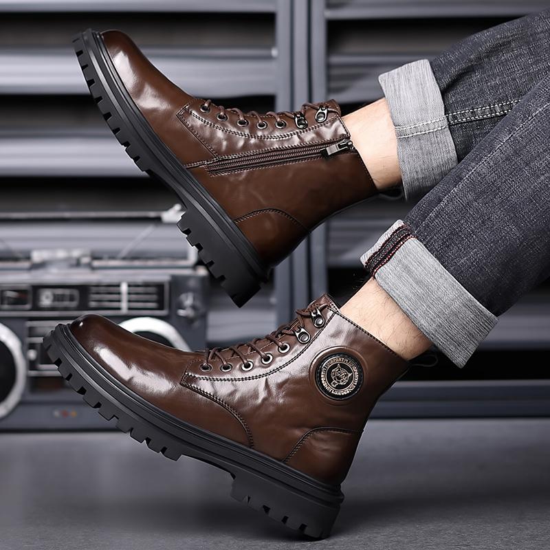 High Quality Leather Lace Up Ankle Shoe Outdoor Men Motorcycle Boots Autumn Winter Shoes Non Slip Warm Plush Fur Snow Boots