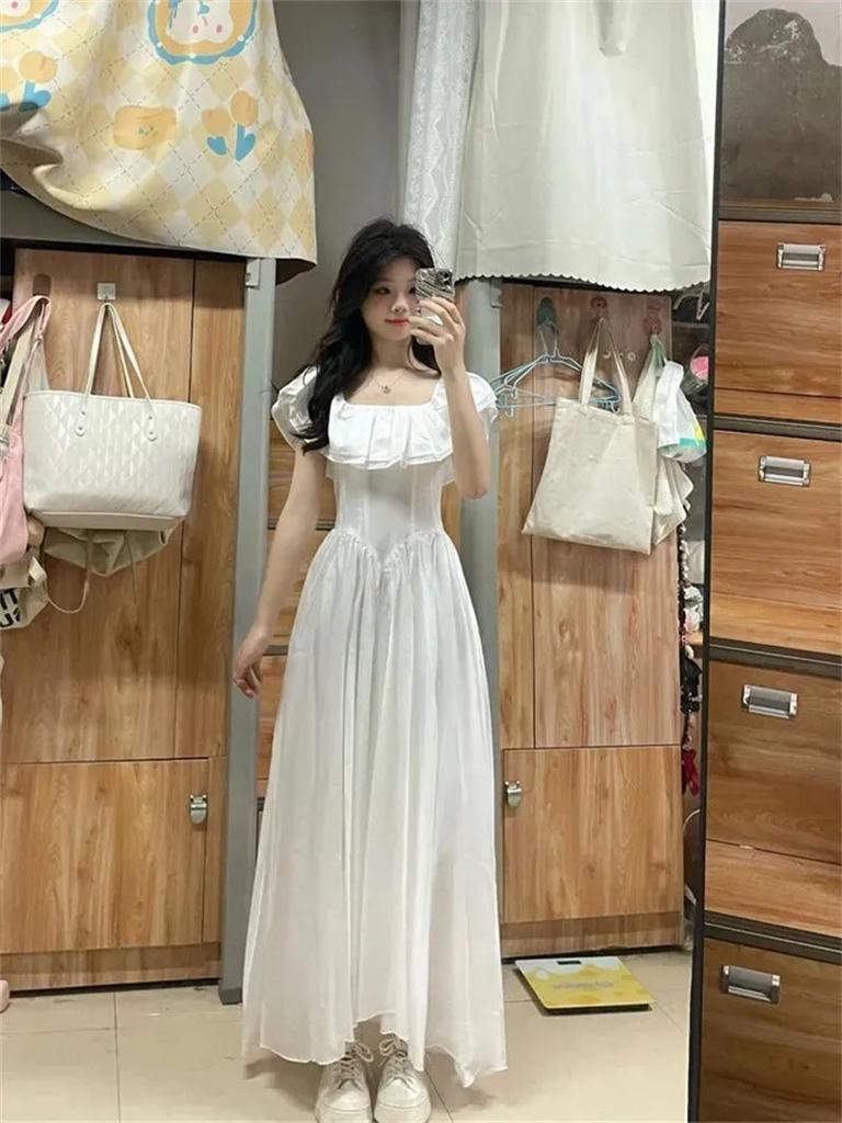 French ruffle edge one-word shoulder dress children's summer new super good-looking niche design temperament long dress