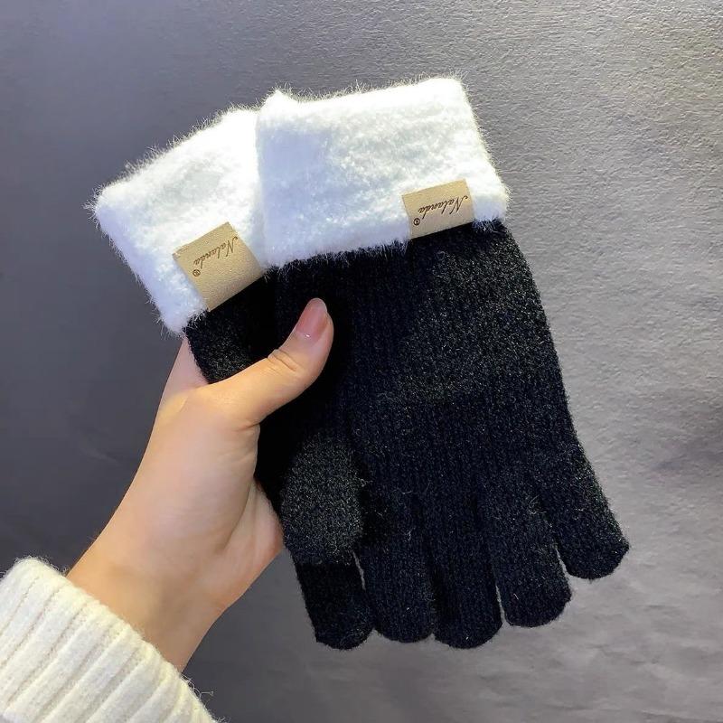 

Cute girl soft waxy solid color dew finger long finger touch screen winter warm wool gloves student