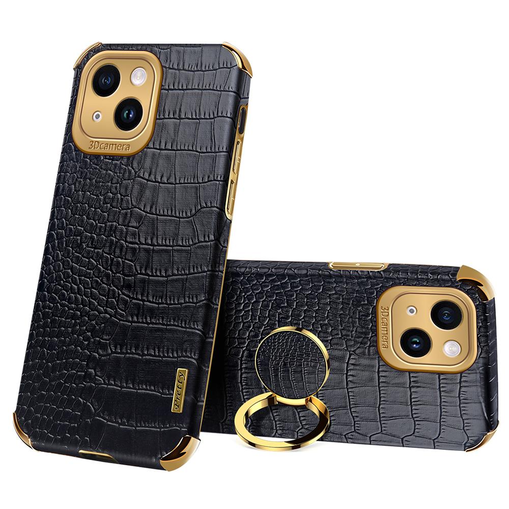 

Для iPhone 14 Гальванизированная накладка из ТПУ, покрытая ПУ кожей, Чехол-подставка с кольцом, Текстура крокодила Black