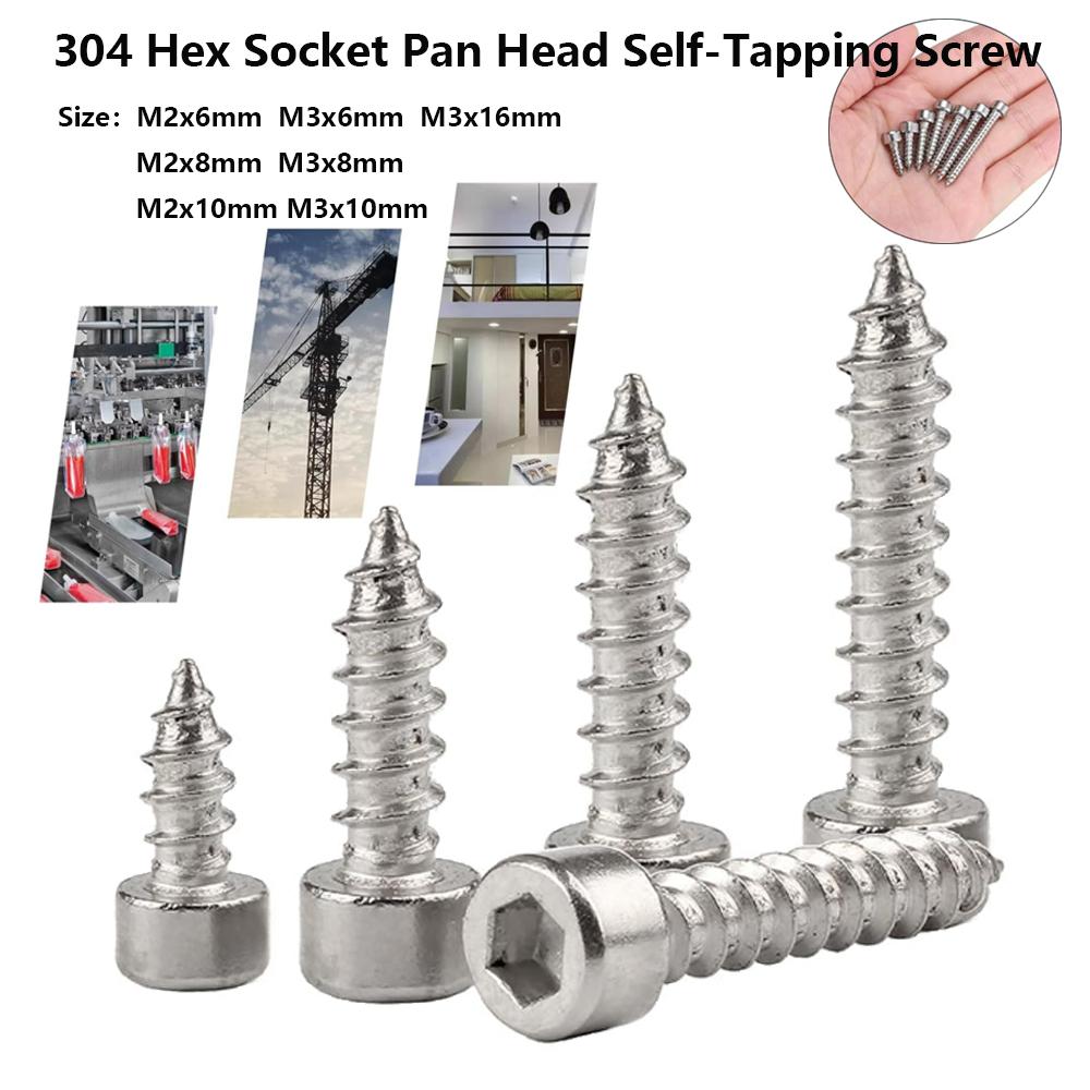50/100pcs M2 M3 Cylinder Head Hex Socket Screws 304 Stainlesss Steel Fullys Threaded Self-Tapping Screws Suitable for Furniture, Machinery