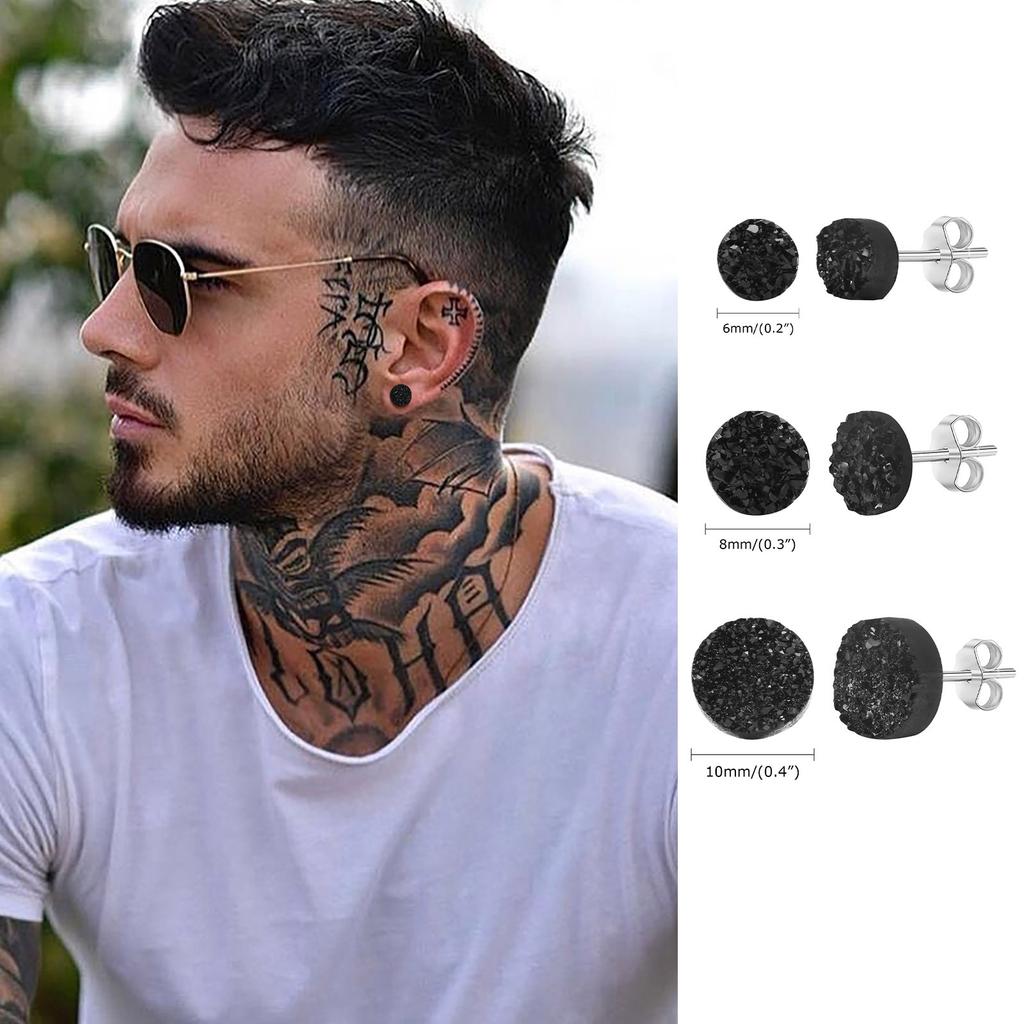 S925 Needle Crystal Cluster Earrings for Men Boys, Simple Rock Punk Hiphop Black Round Stud Earrings 6/8/10mm,Male Jewelry Gifts