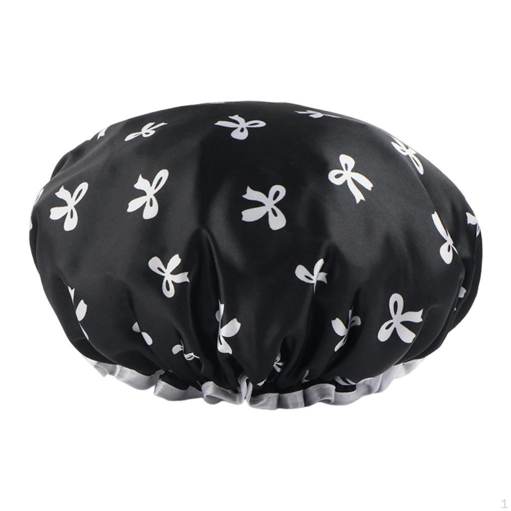 Double Layer Satin PVC Waterproof Reusable Shower Cap with Bow for Women Suitable Shower, Bath,
