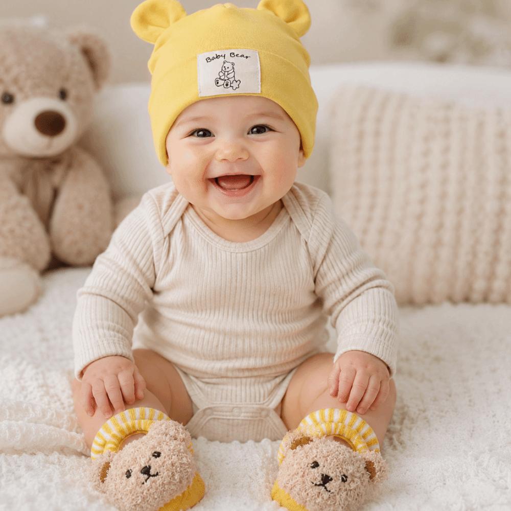 2Pcs/Set Soft Bear Ear Beanie Cotton Baby Turban Socks Cute Baby Hat Socks Set Autumn Winter