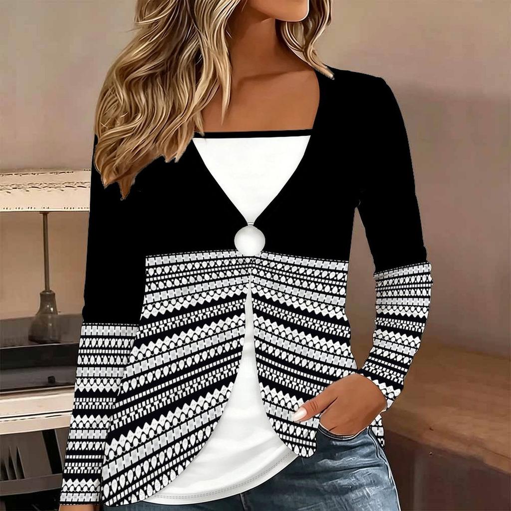 Tops for Women Geometric Print Long Sleeve Fake Two‑Piece Top Fall Casual Slim Pullover Women's Long Sleeve Top