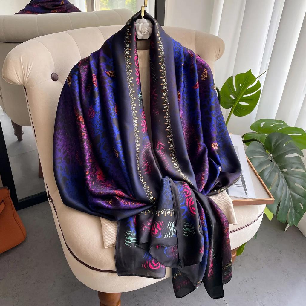 New 90*180CM Fashion Luxury Lady Print Design Shawl Soft Satin Silk Scarf Shawl Versatile Women Long Silk Scarves