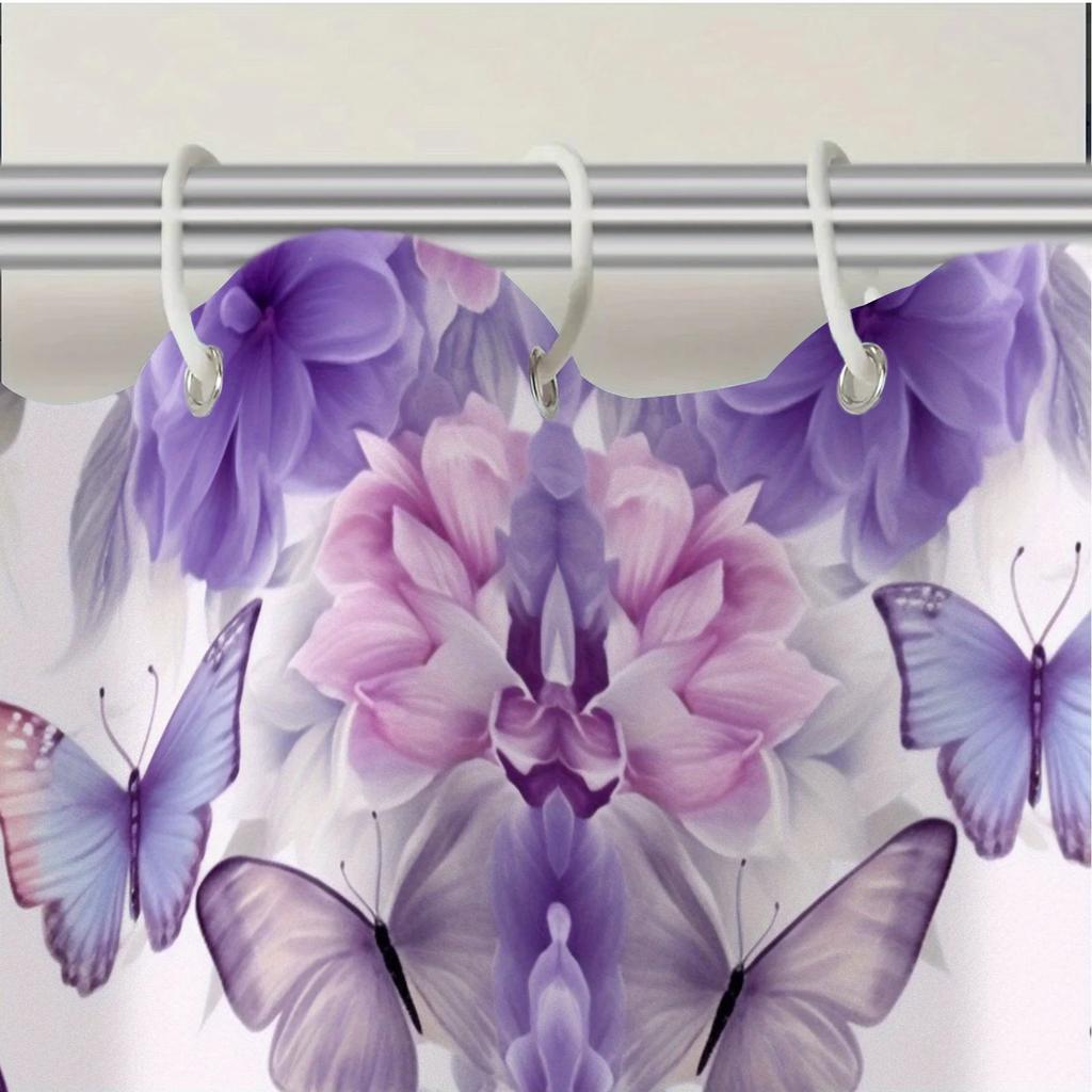 Butterfly Pattern Purple Shower Curtain Set - Elegant Women'S Bathroom Decor, Ideal Gift For Friends