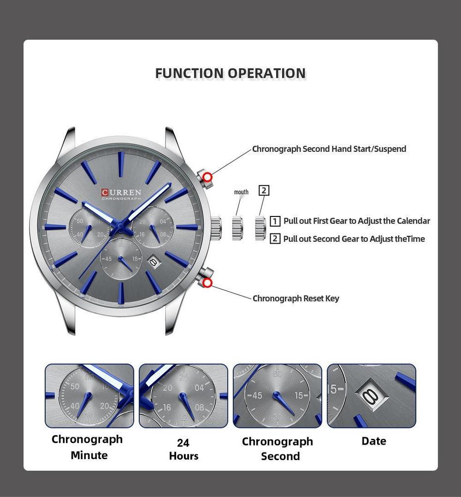 Curren 8435 Men's Multifunction Quartz Watch with Steel Strap and Six-Hand Calendar