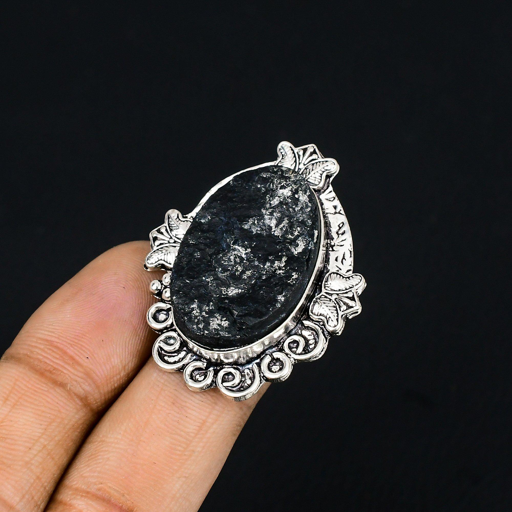 925 Silver Black Tourmaline Rough Gemstone Wife Solitaire Promise Ring Size 6.5 6.5