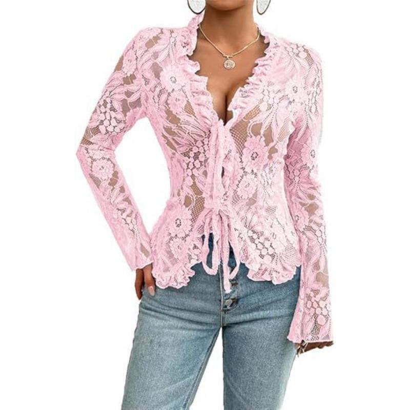 

Весенне-летний женский сексуальный облегающий кружевной кардиган с V-образным вырезом и длинным рукавом L