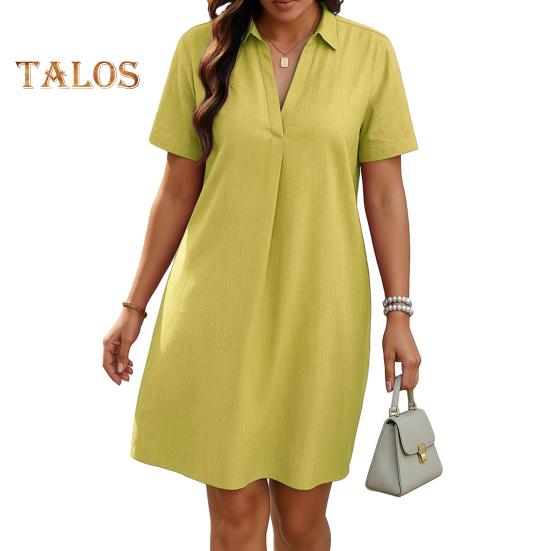 Women A-Line Dress V-Neck Lapel Short Sleeve Solid Color Summer Dress Loose Fit Lightweight Casual Dress