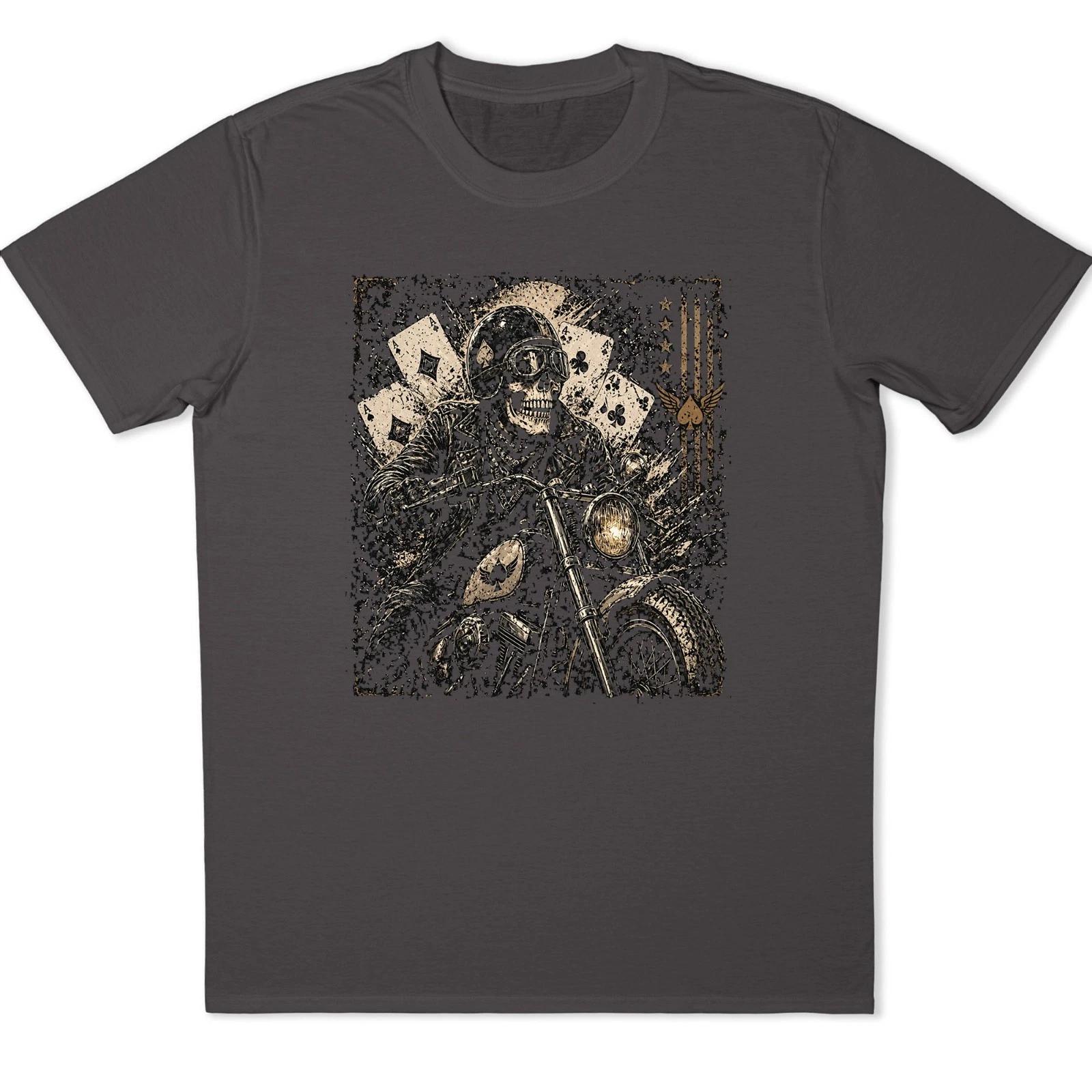 Skull Biker T Shirt Skeleton Rider Motorcycle Poker Aces Cards Vintage Tee 7 2XL