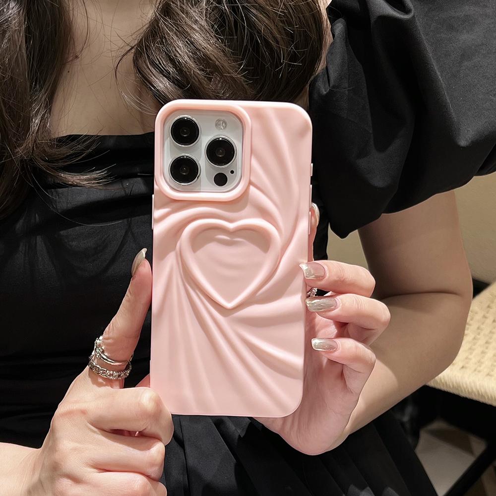

Корейский японский милый 3D плиссированный чехол для телефона с сердечками для iPhone 15 14 13 11 12 Pro Max, мягкий силиконовый чехол с матовым складчатым узором For iPhone 15Pro Max