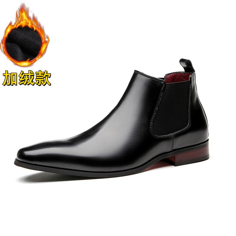 British new Chelsea boots men's leather short boots velvet formal square head high-top leather boots double elastic
