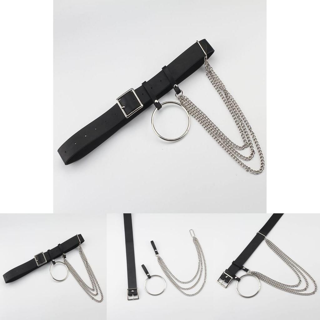 Fashionable Black Waist Belt With Circular Ring And Chain Tassel For Men And Women Fashion Accessory