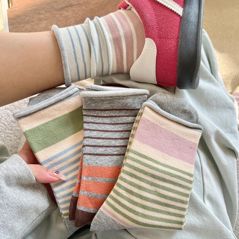 Sock Children's Cotton Summer and Spring Odor-resistant Mid-length Socks with Trendy Stripes, Long Socks, Summer Lightweight Pile-up Socks