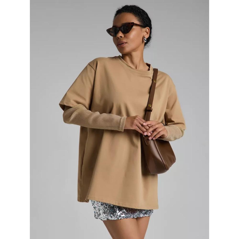 Hirsionsan Bavlněné tričko Dámské 2025 Léto Nadměrné Velikosti Patchwork z Jasného Hedvábí Dlouhý Rukáv Ležérní Volné Tričko Šik Dámské Topy