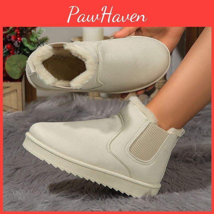 Fluffy Color Boots Solid Womens Slip On Fleece Lining Platform Soft Sole Boots Winter Plush Nonslip Warm Boots