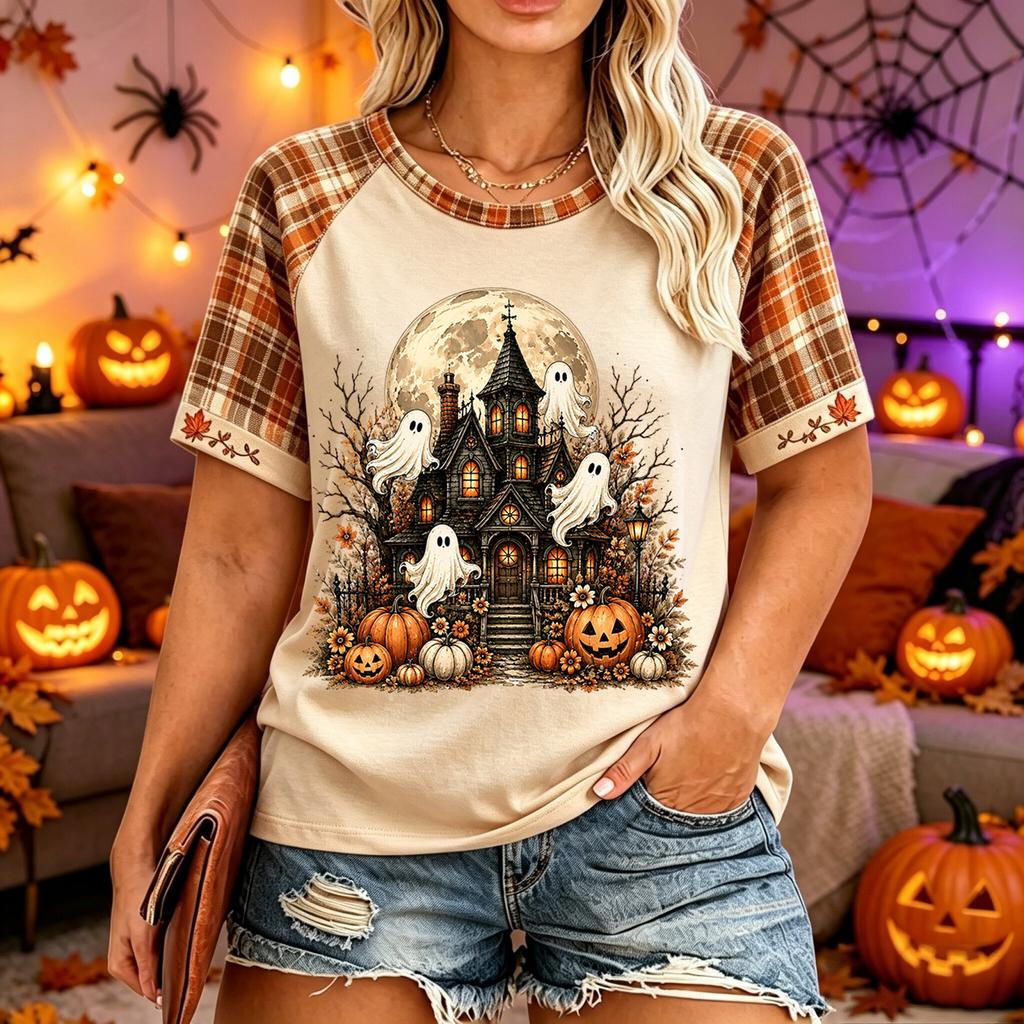 Women's Plus Size Casual Short Sleeve Neck T-Shirt with Halloween Print