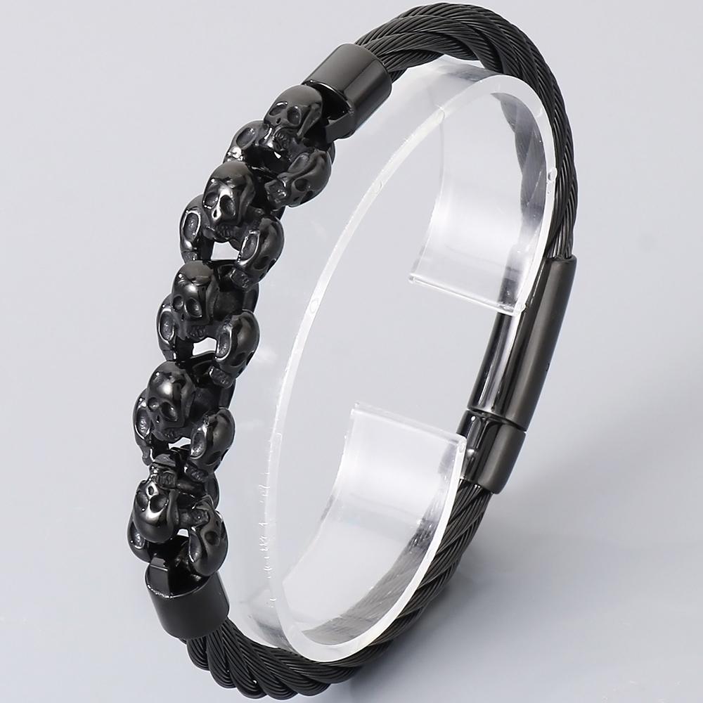 

Готический мужской браслет с черепом для мужчины Стимпанк 6 мм шириной Плетеный браслет-цепь из нержавеющей стали Ювелирный аксессуар 21CM чёрный