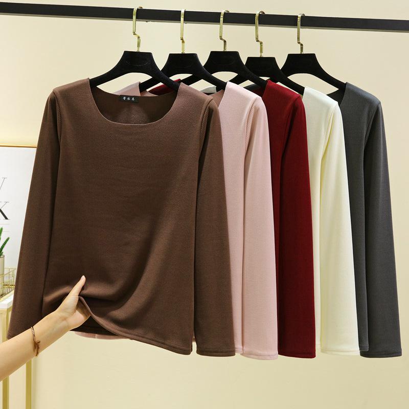 Women's Autumn/Winter Plus Size Fleece-Lined Brushed Round Neck Base Layer Top - Solid Color Warm Innerwear