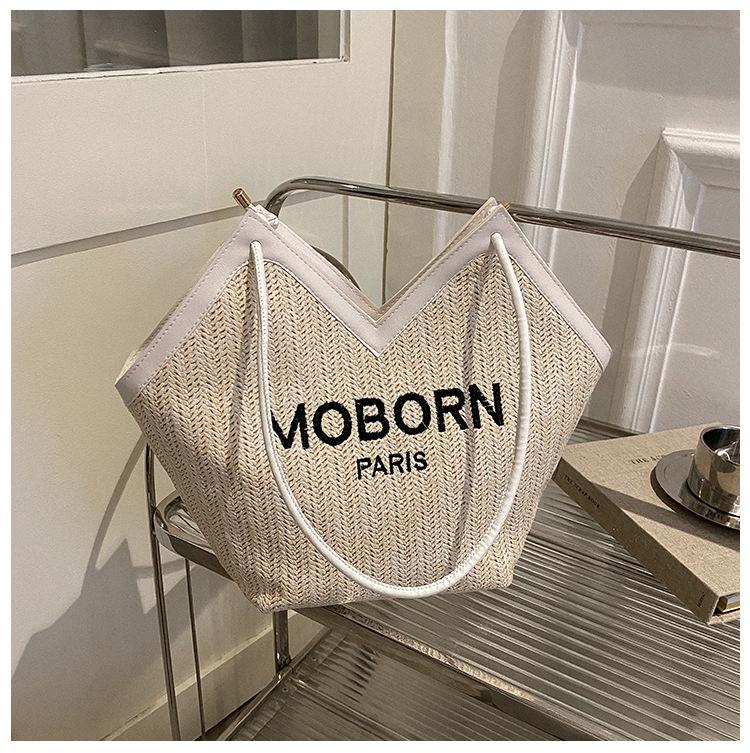 2025 Snygg Strandväska i Halm för Resor för Kvinnor: Mångsidig flätad axelväska