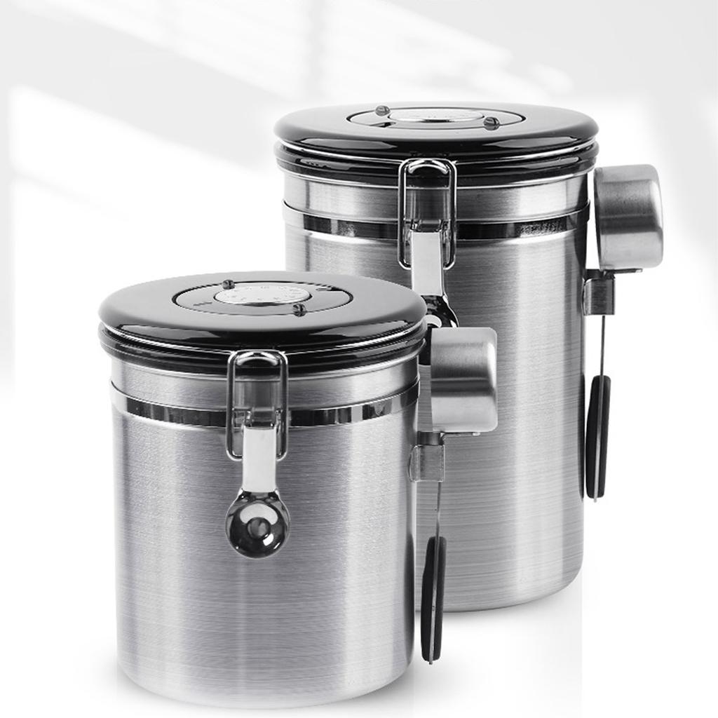 Coffee Beans Canister with Exhaust Valve Stainless Steel Storage Sealing Container with Spoon