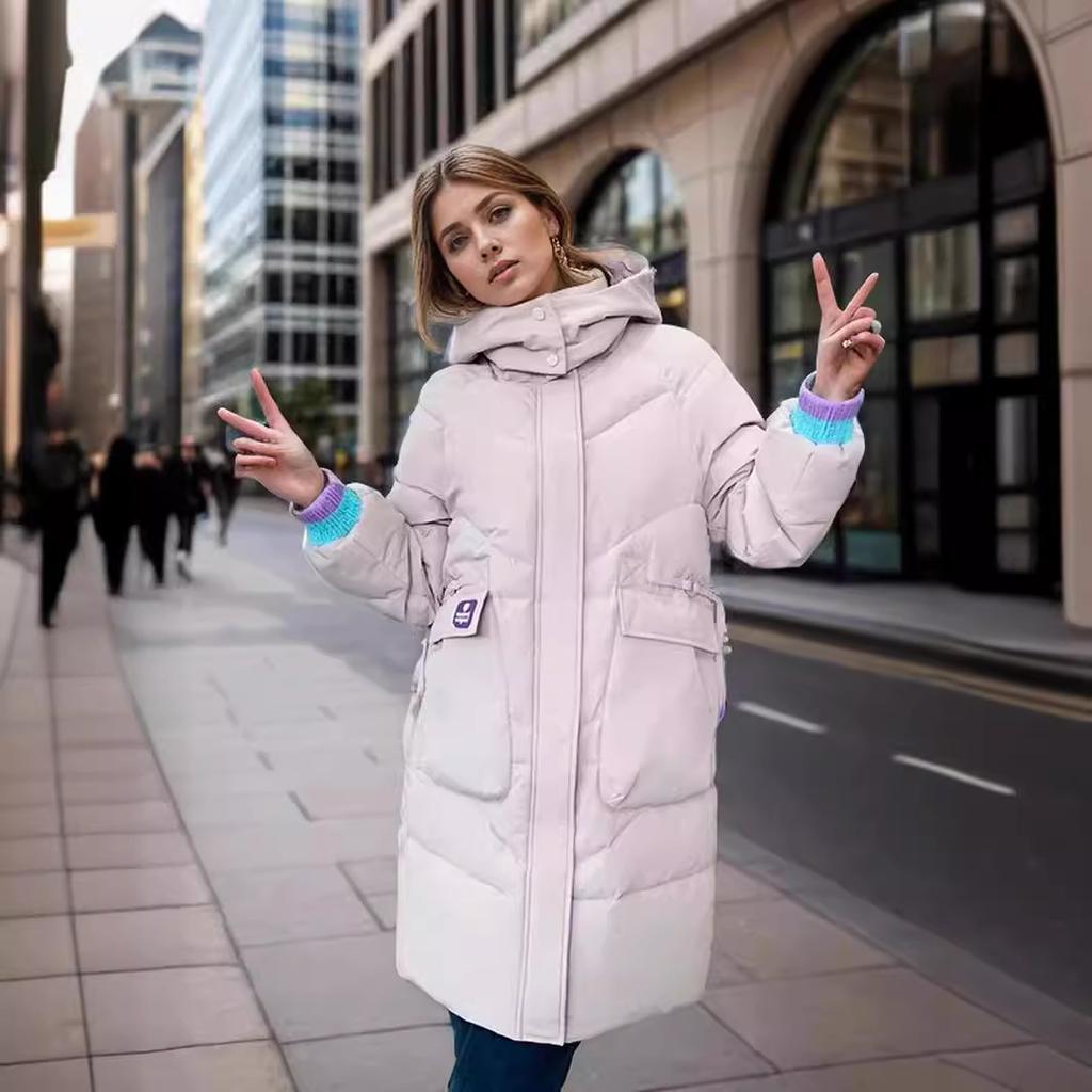 Popular Medium and Long -padded Clothes for Women's Winter Korean Color Matching Fashion and Leisure Hooded