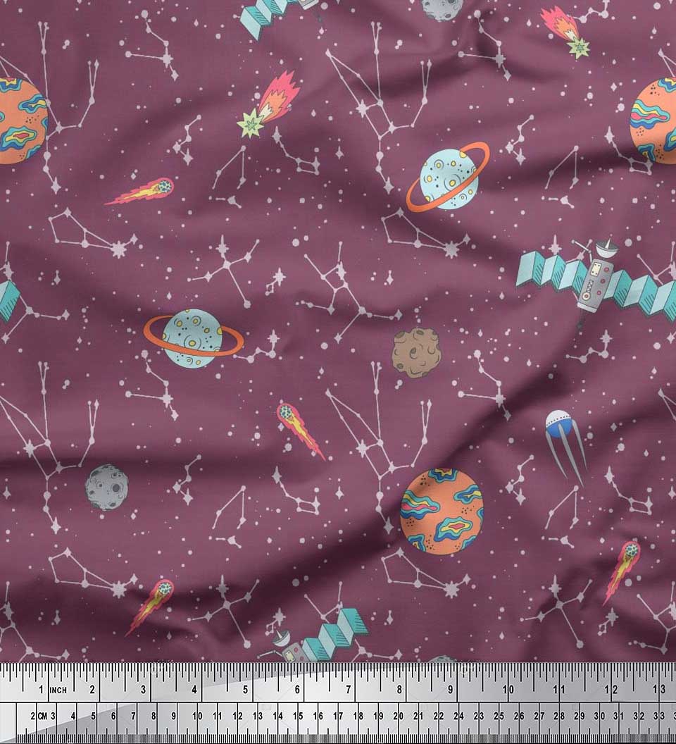 

Тканина Soimoi з креп-сатину в Японії. Зірки, супутники та планета-галактика. Принти на тканині метр 42 дюйми 42 Inch Wide - Poly Crepe винний