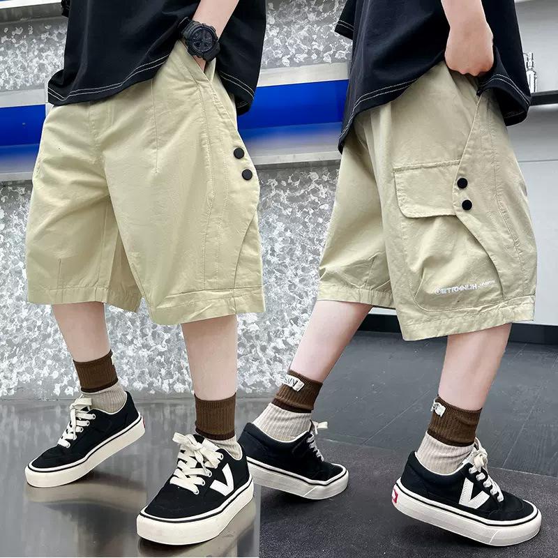 

Summer Teen Boys Cotton Cargo Shorts Loose Solid Color Knee-length Pants for 4-14Years Kids Children Casual Outdoor Trousers 120cm хаки