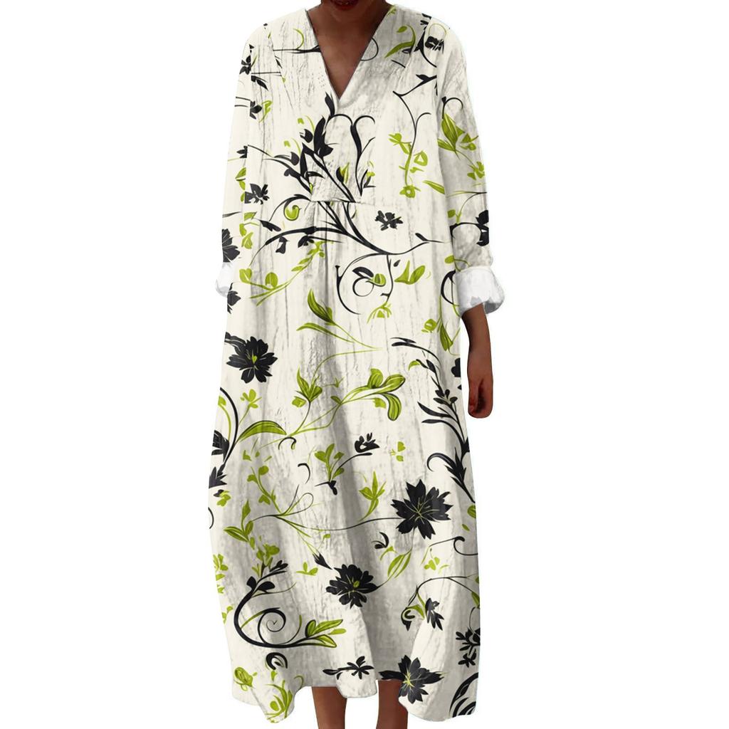 Women's Casual And Fashionable V-Veck Flower Print Long Sleeved Dress Long Sleeved Dress