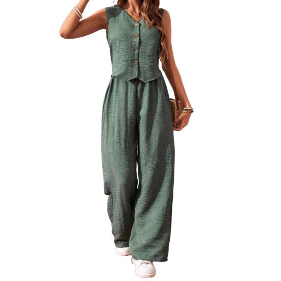 Women's Summer Two Piece Outfit Sleeveless V Neck Button Down Vest High Waist Wide