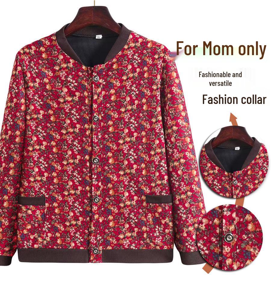 Elegant Floral Plus Size Jacket for Mid-Aged & Elderly Women - Spring/Autumn Casual & Fashionable Baseball Uniform Style