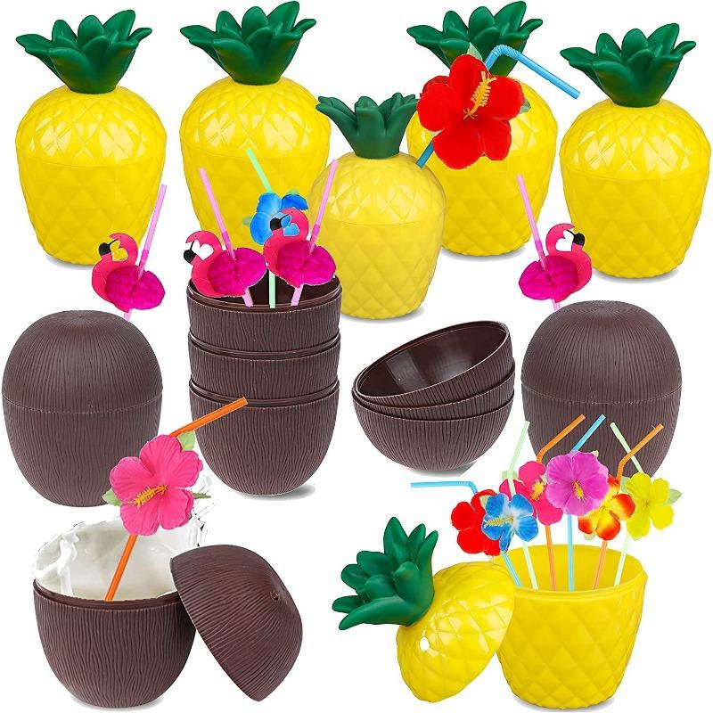 1pcs Tropical Pineapple Coconut Drinking Cup Juice Cups Straw Summer Luau Flamingo Birthday Beach Pool Party Hawaiian Decoration