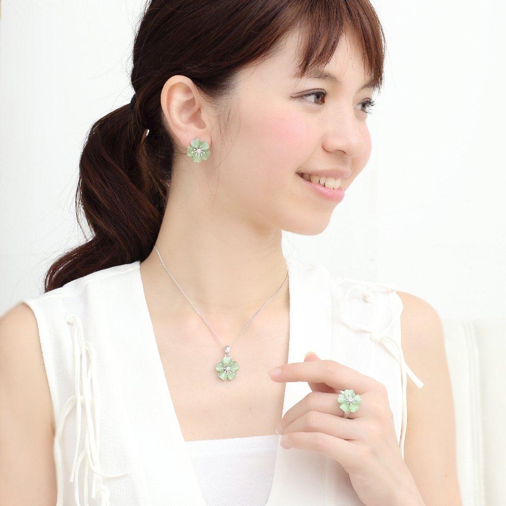 18K white gold plated elegant pale grass green cherry blossom earrings Austrian CZ diamonds