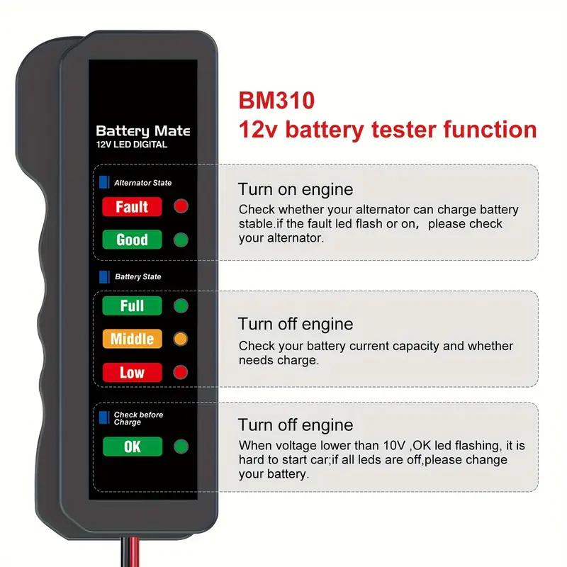 Tester Akumulatora Samochodowego BM310 12V Samochodowy Cyfrowy Tester z 6-diodowym Wyświetlaczem Świetlnym Analizator Samochodowy Diagnostyczny Skaner Alternatora