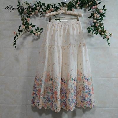 Japanese Mori Girl Spring Summer Women Floral Skirt High Waist Delicate Flowers Embroidery Skirt Contrast Color Elegant Feminine Chic Cotton Skirt