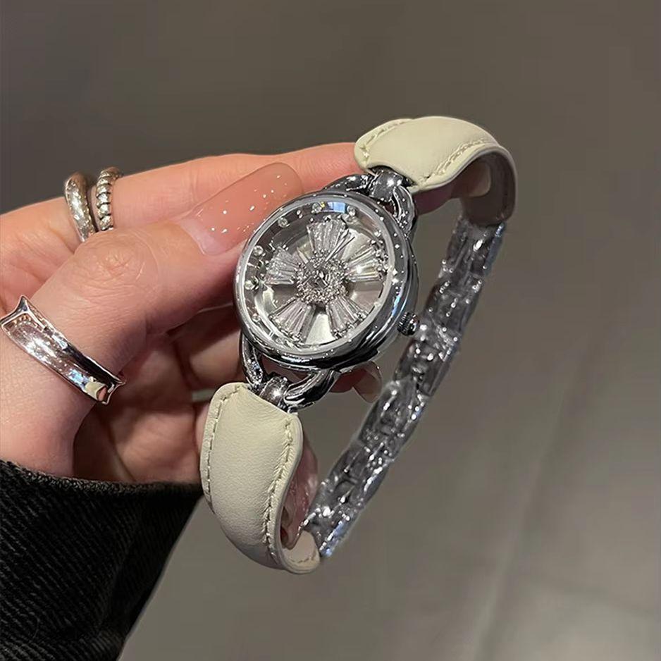 Luxury Rotating Flower Women Watch Leather Splicing Metal Strap Round Dial Fashion Elegant Ladies Quartz Dress Wristwatch Gift