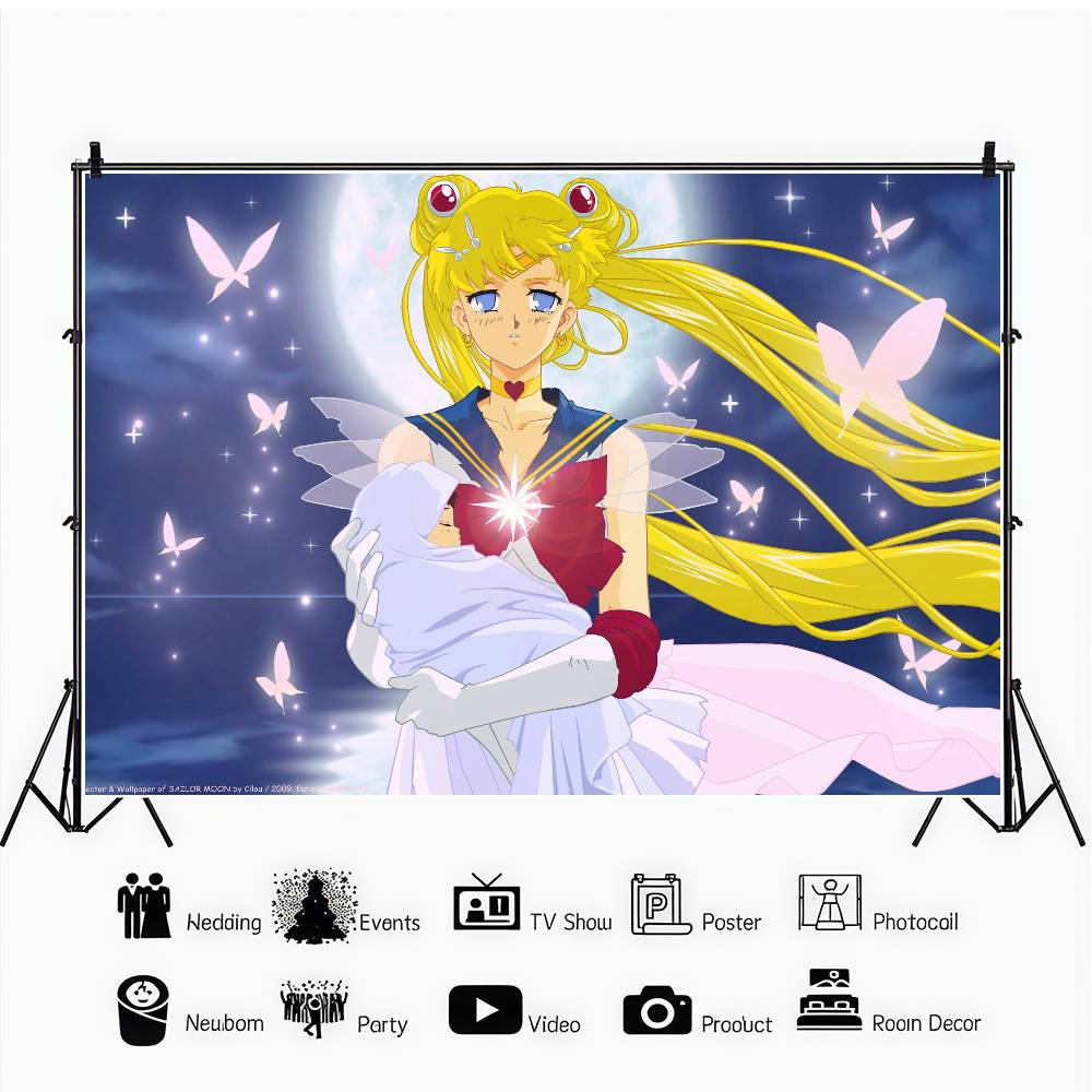 S-Sailor Moon Birthday Party Banner Backdrop Custom Children Room Photography Poster Decor Background